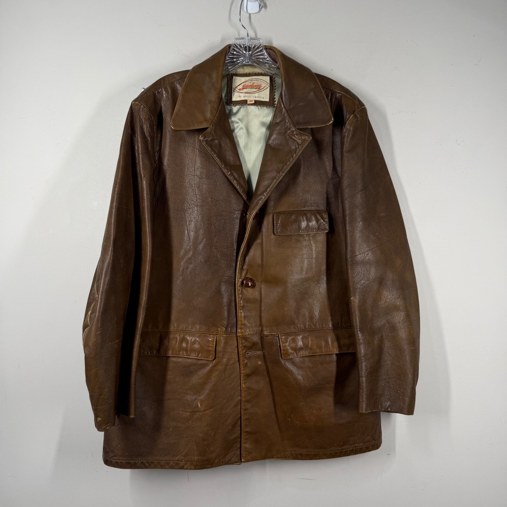 Vintage Lakeland Sportswear Brown Leather Car Coat Mens 44 Wisconsin Made Jacket